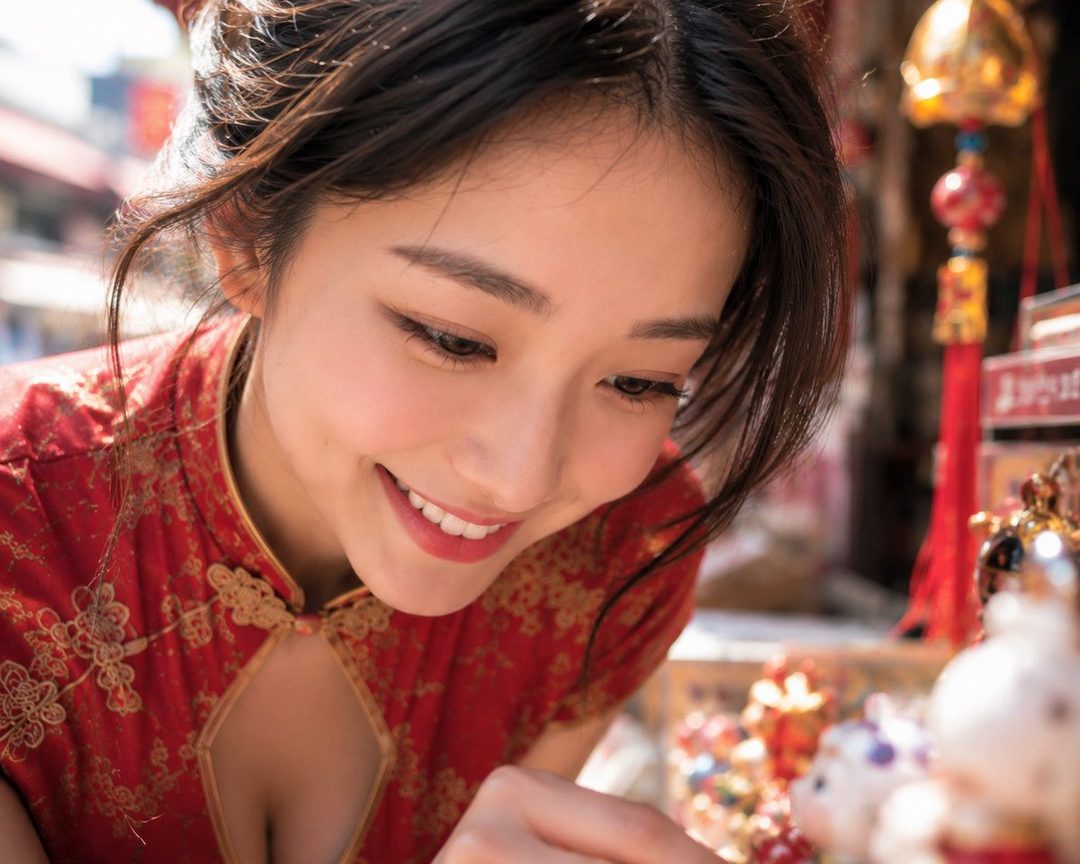 A smiling woman in a red traditional Chinese dress looks down at items in a street market.