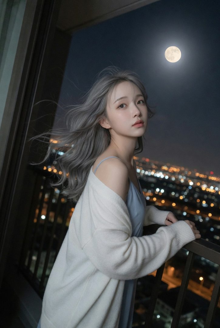A woman with silver hair and a light blue slip dress with a white cardigan stands on a balcony at night, looking at the camera with a full moon and city lights in the background.
