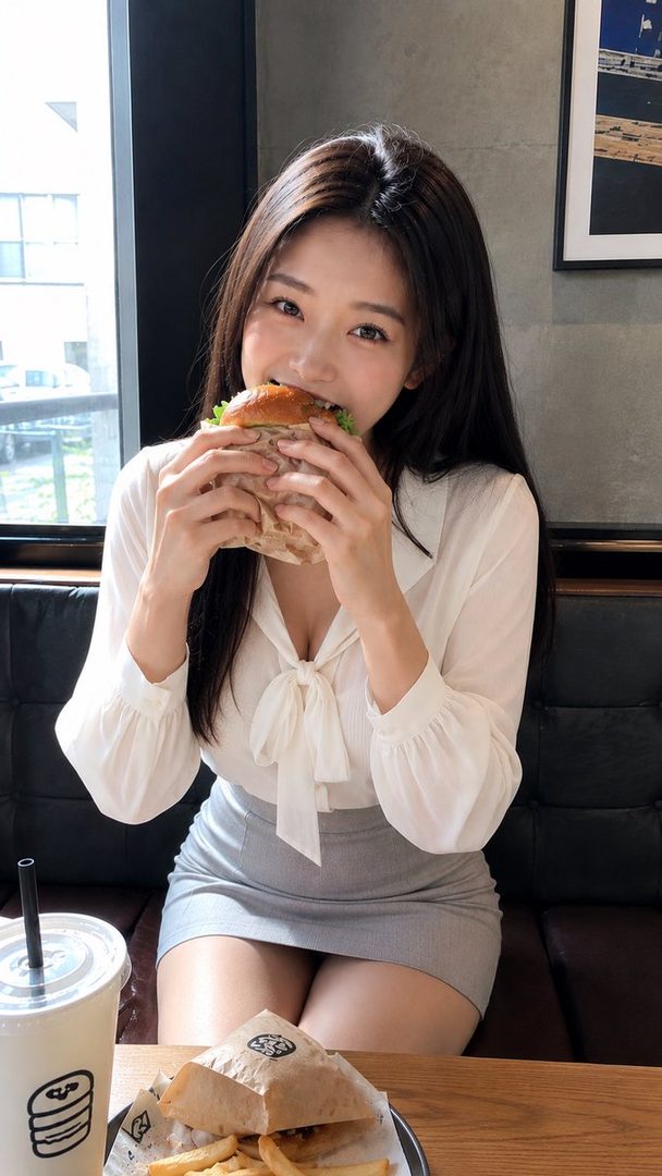 A photorealistic AI-generated image of a young woman with long brown hair, wearing a white blouse and grey skirt, happily eating a burger at a table indoors.