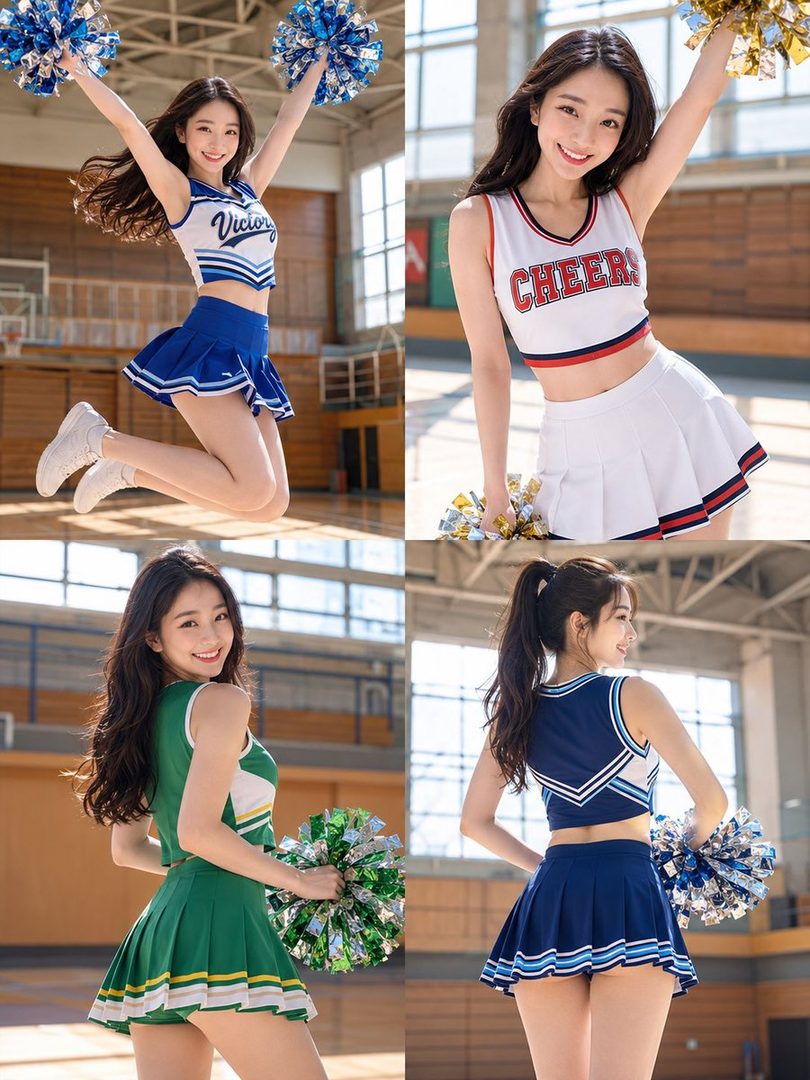 A young woman in a cheerleader outfit poses in four different styles in an indoor gym setting.