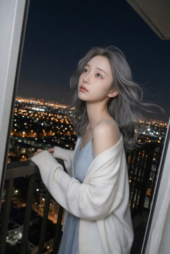 A woman with silver wavy hair wearing a light blue slip dress and white cardigan stands on a balcony at night, looking up at the sky with city lights blurred in the background.
