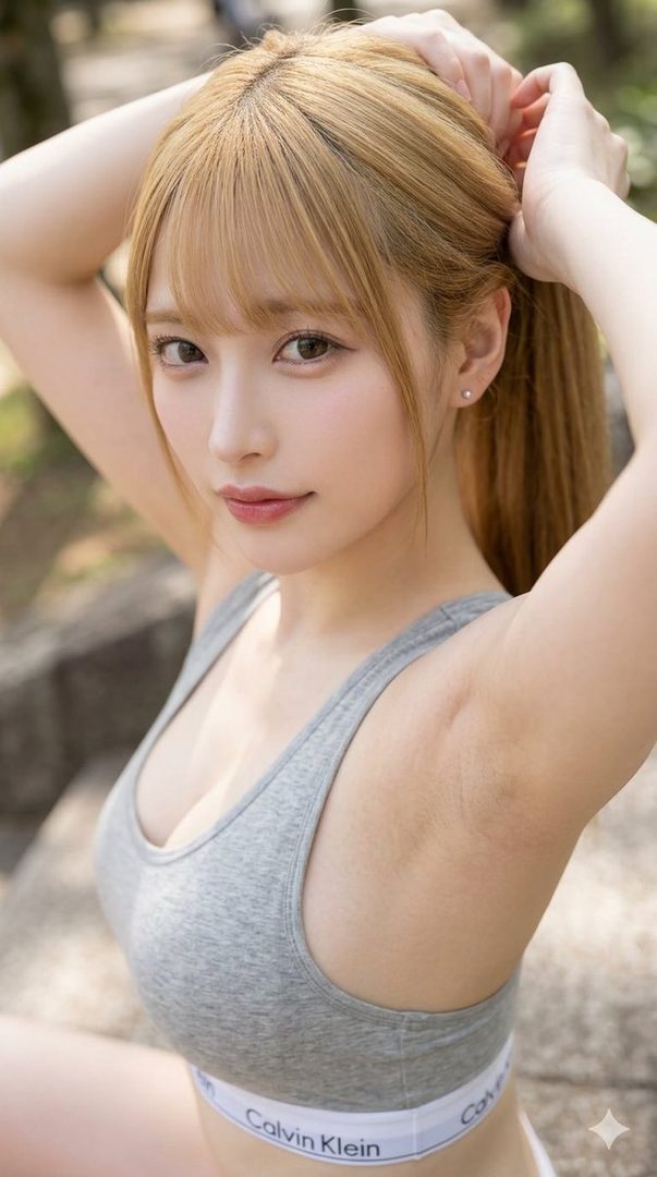 A photorealistic portrait of a young woman with blonde hair tied in a ponytail, wearing a grey sports bra, looking directly at the viewer.