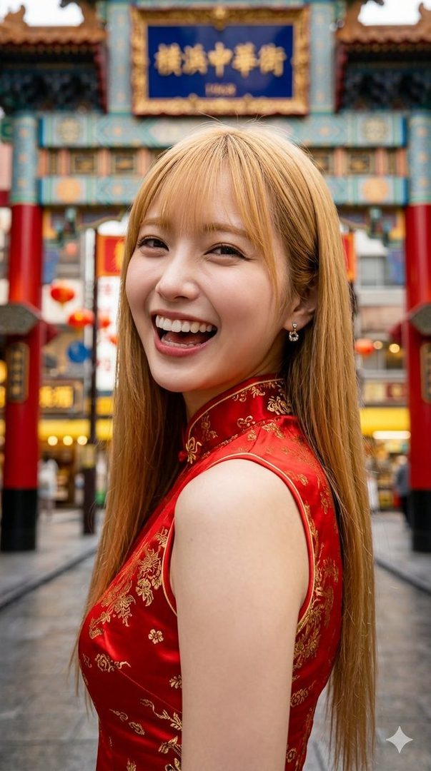 A smiling woman with blonde hair and bangs wears a red cheongsam dress on a street with Chinese-style archways in the background.