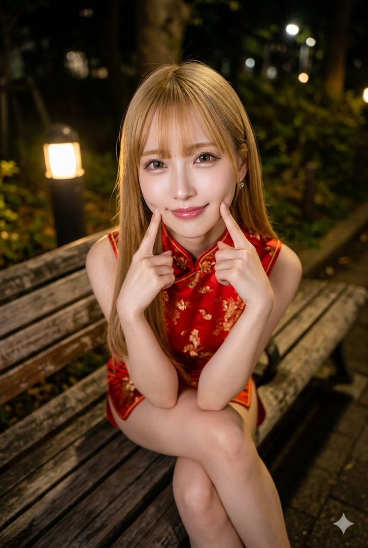 A cute blonde woman in a red cheongsam dress sits on a bench at night, playfully touching her cheeks.