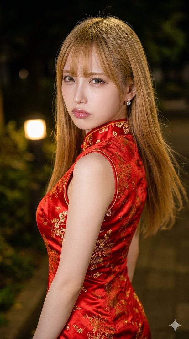 A woman with blonde hair and bangs wears a red cheongsam with gold patterns, looking over her shoulder at night.