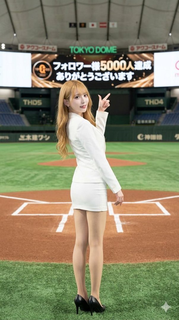 A woman in a white suit and skirt stands on a baseball field in Tokyo Dome, pointing to a large screen displaying a message.