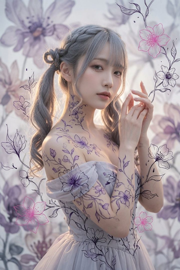 A fantasy portrait of a woman with silver hair in pigtails and braids, adorned with purple floral body paint, wearing a lavender off-shoulder dress against a soft floral background.