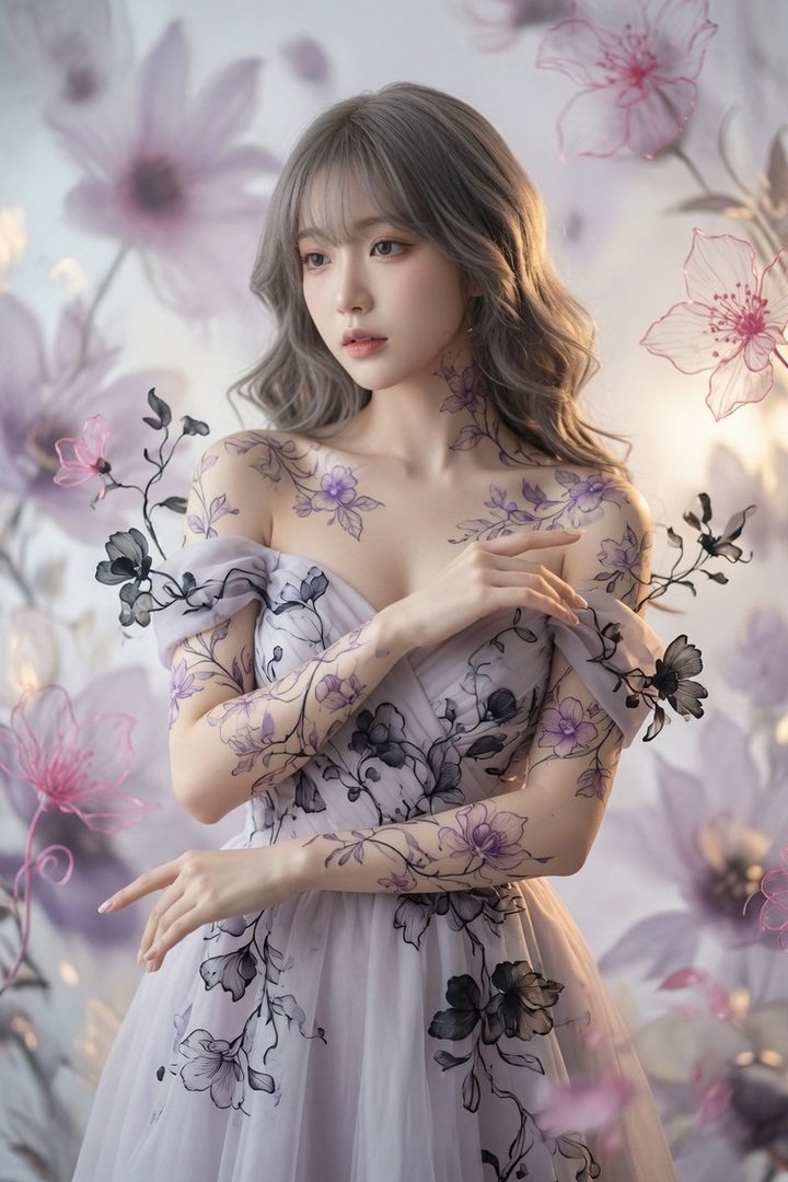 A beautiful woman with silver wavy hair and floral tattoos on her arms and chest, wearing a lavender off-shoulder dress, stands against a soft floral background.