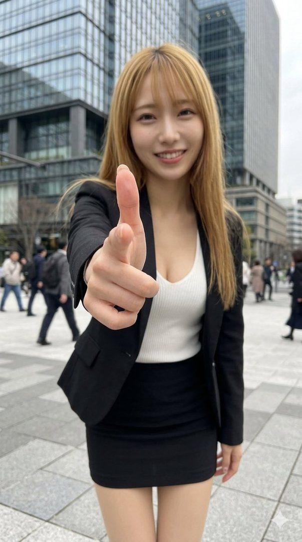 A young woman with blonde hair and bangs, wearing a black suit jacket and mini skirt, points at the camera on a city street.