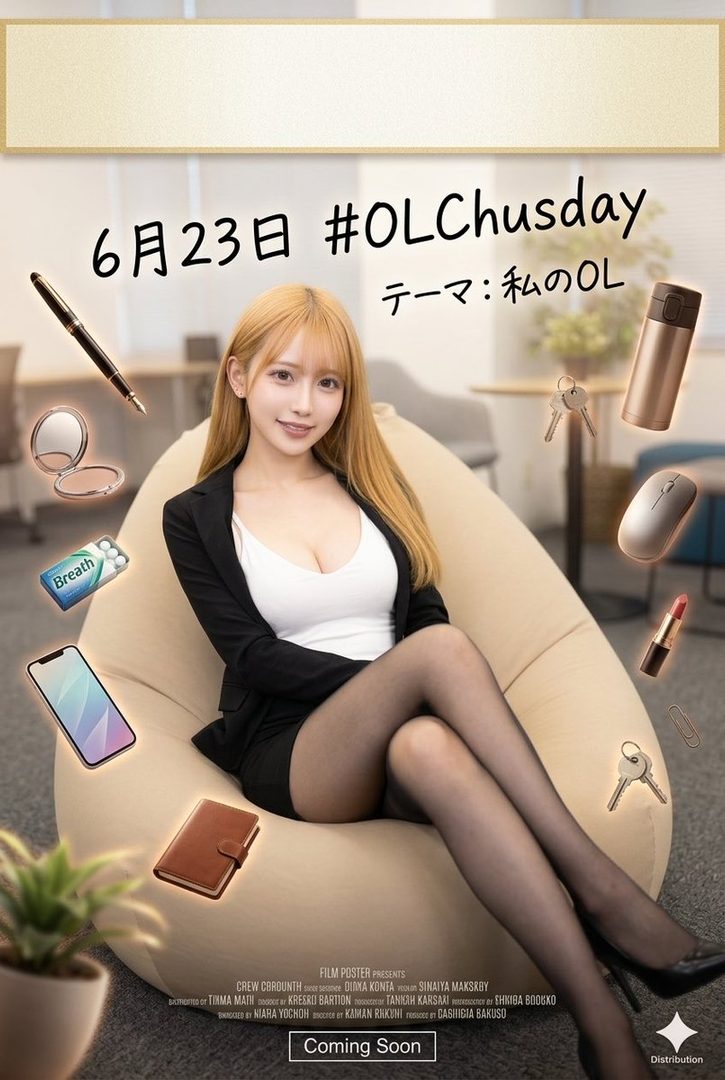 A blonde woman in a business suit sits on a beanbag chair surrounded by office items, promoting an event.