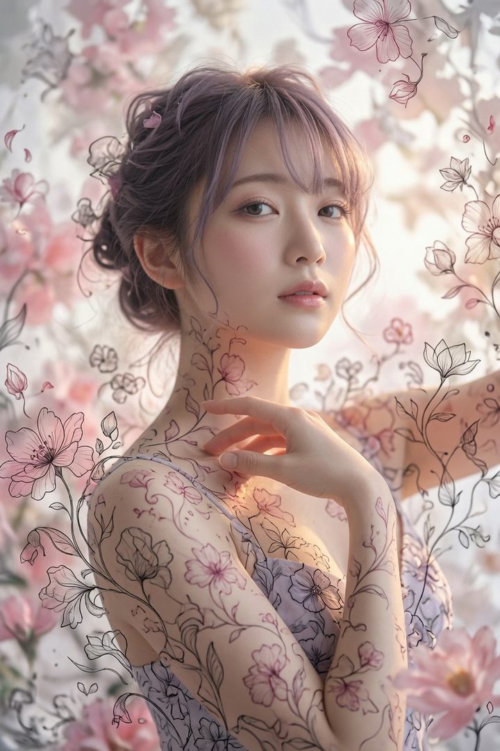 A beautiful woman with lavender hair and delicate floral body paint gazes softly at the viewer, surrounded by a dreamy pink floral background.