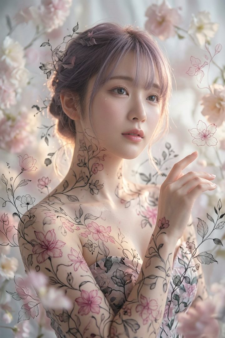 A beautiful woman with lavender hair and delicate floral body paint poses against a soft, dreamy background of pink and white flowers.