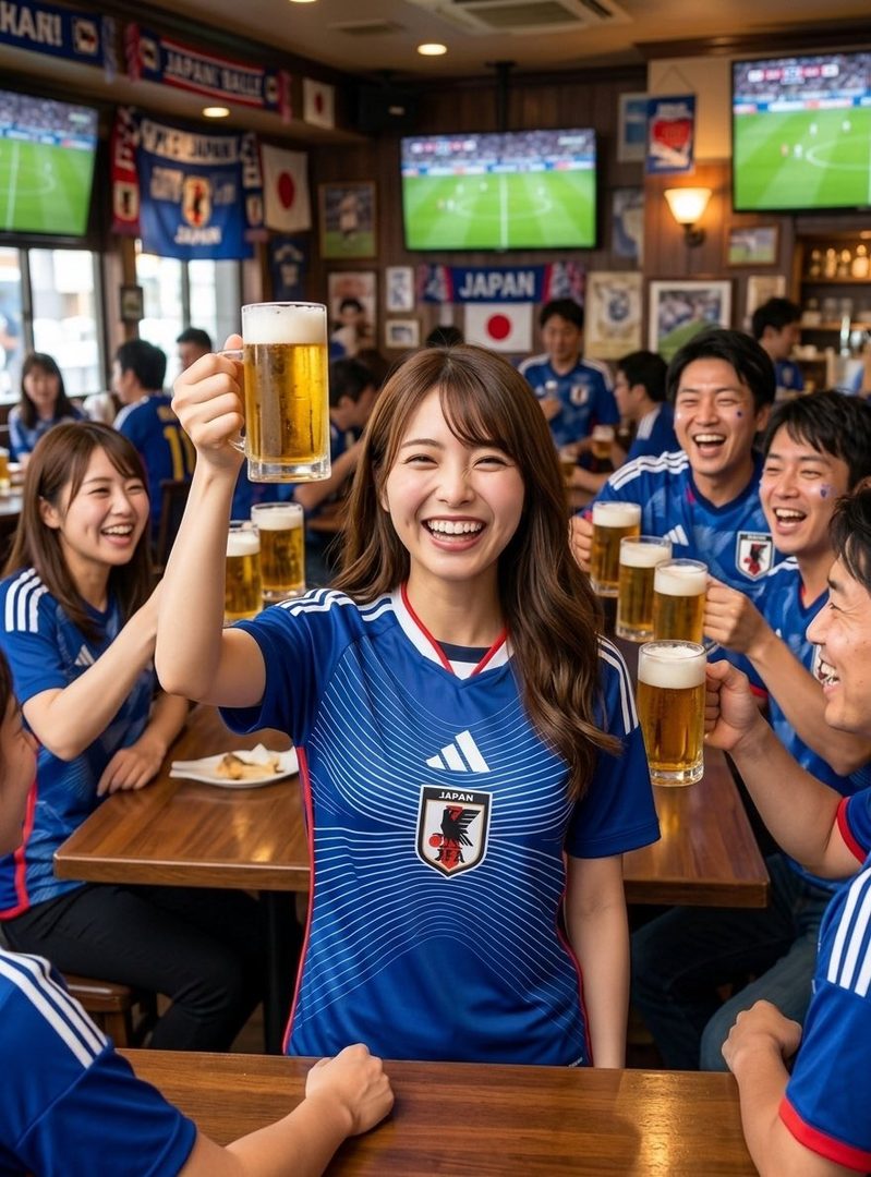 A cheerful woman in a blue Japan soccer jersey raises a beer glass in a lively pub, surrounded by other fans.