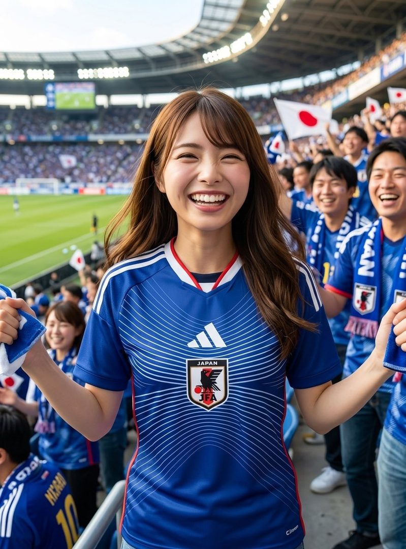 A smiling woman with long brown hair wearing a blue Japan soccer jersey at a stadium.