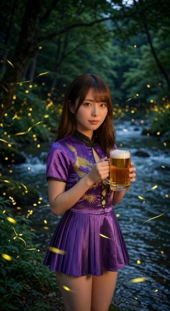 A woman in a purple dress with a dragon design holds a beer mug in a forest with fireflies.