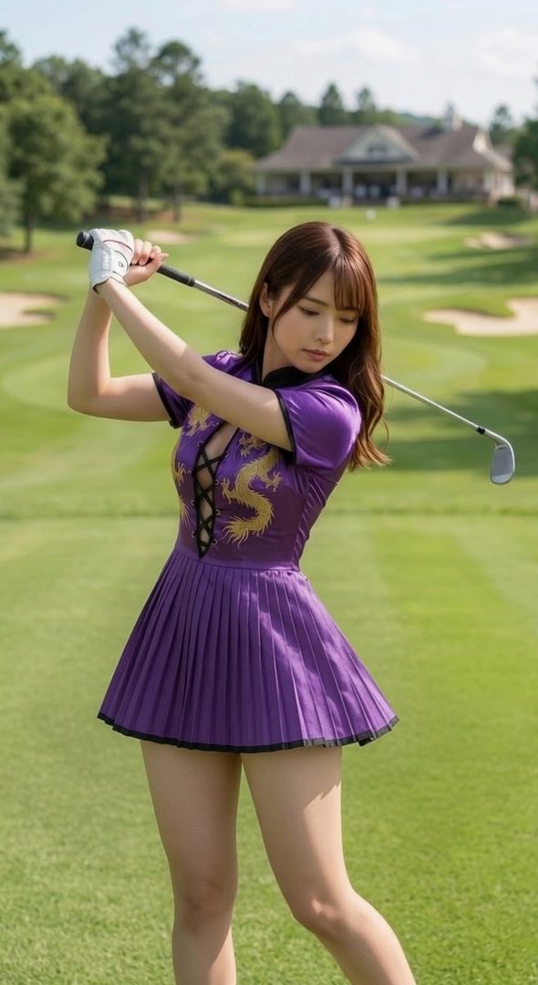 A woman in a purple golf dress with a dragon design is swinging a golf club on a green golf course.