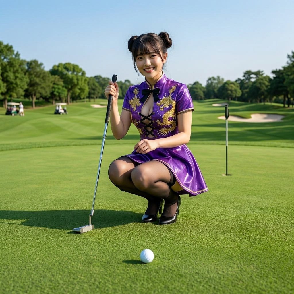 A young woman in a purple cheongsam-style dress with golden dragon embroidery crouches on a golf course, holding a putter and smiling at the camera.