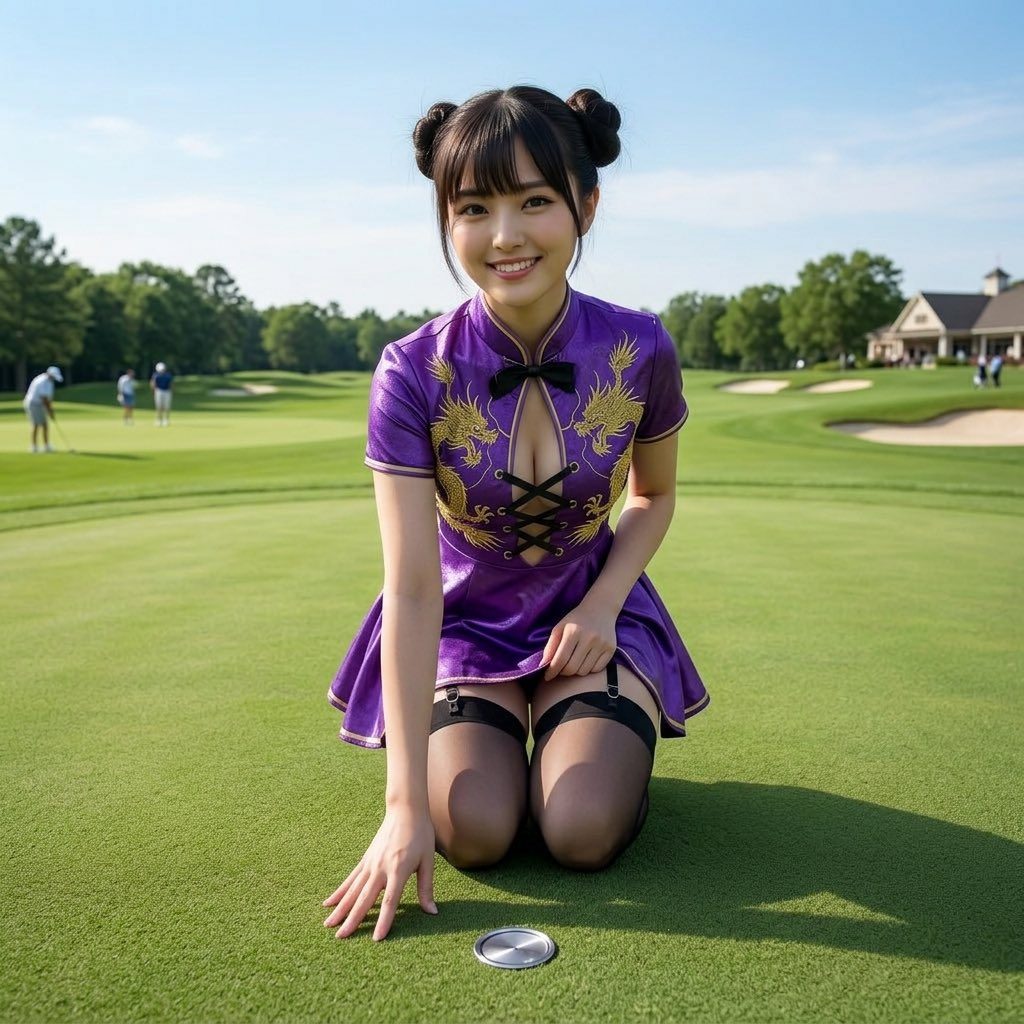 A young woman in a purple cheongsam-style dress with gold dragon embroidery kneels on a golf course, smiling at the camera.