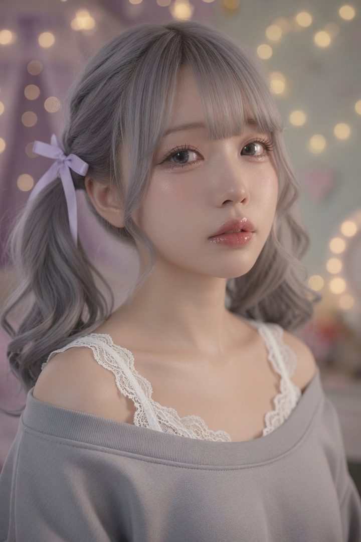 A cute girl with silver wavy pigtails tied with lavender ribbons, wearing an off-shoulder grey top and a white lace camisole, looking directly at the viewer with a soft expression and glossy lips, against a blurred background with bokeh lights.