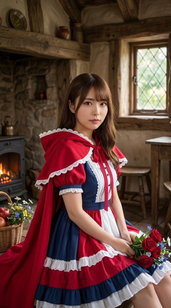 A young woman with brown hair and bangs, dressed in a red, white, and blue dress with a red hooded cape, sits indoors holding a bouquet of red roses.