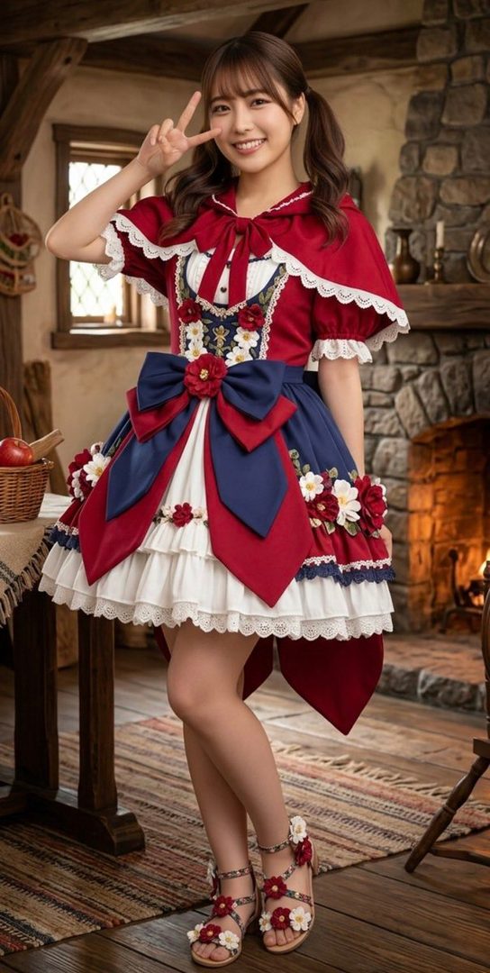 A smiling woman with brown twintails wears a red, white, and blue dress with floral accents, making a peace sign in a rustic indoor setting.