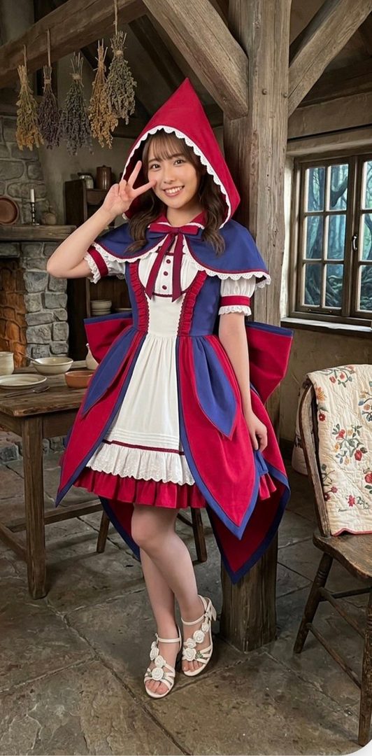 A smiling woman in a red, white, and blue Little Red Riding Hood-inspired dress poses indoors.
