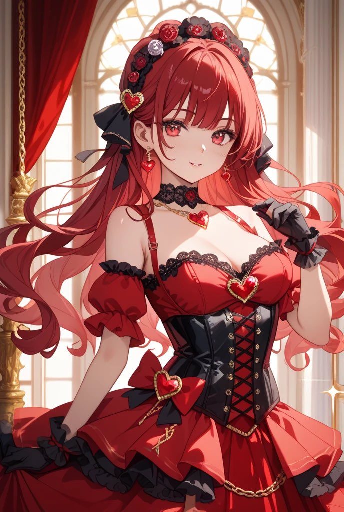 An anime-style girl with long red hair and a red and black dress with heart-shaped accessories stands indoors.