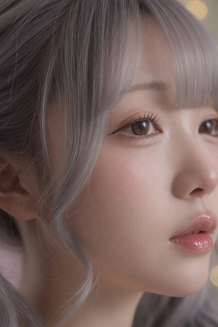 A close-up portrait of a woman with silver wavy hair and bangs, looking softly to the side with natural makeup and glossy lips.