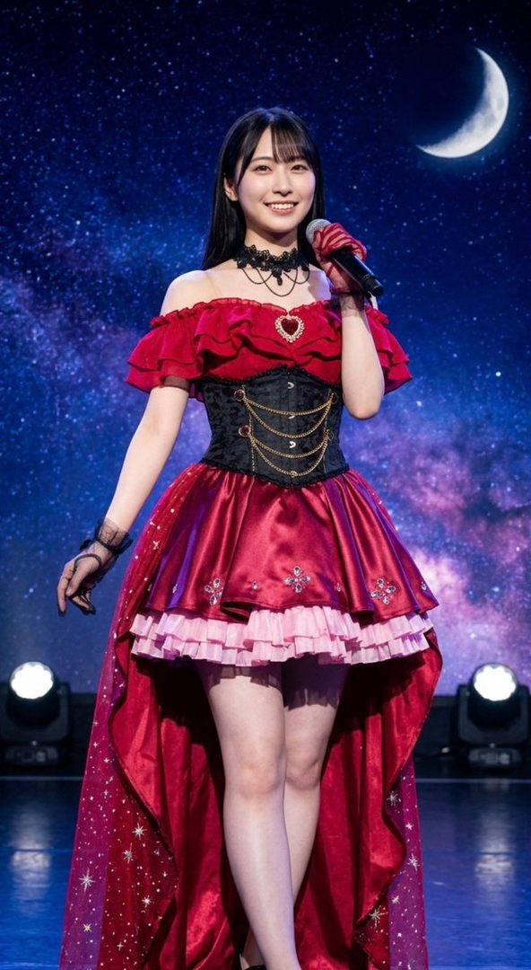A smiling woman with long black hair wears a red and black off-shoulder dress with a corset and holds a microphone against a starry night sky backdrop with a crescent moon.