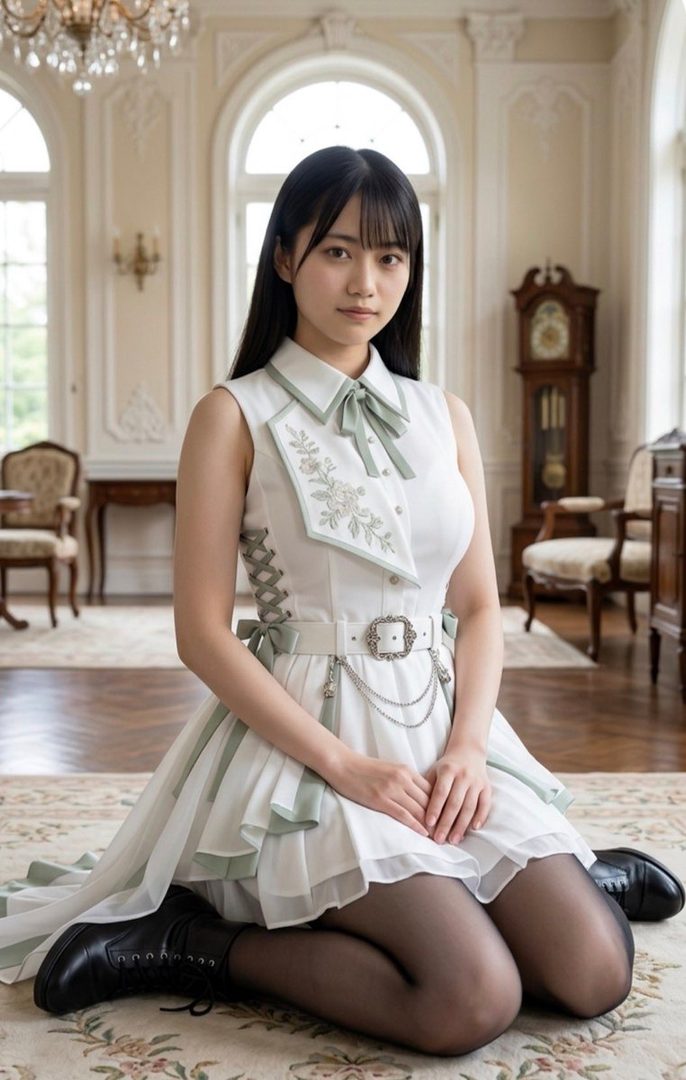 A young woman with long black hair and bangs, wearing a white and mint green dress, kneels on a patterned rug in an elegant room.