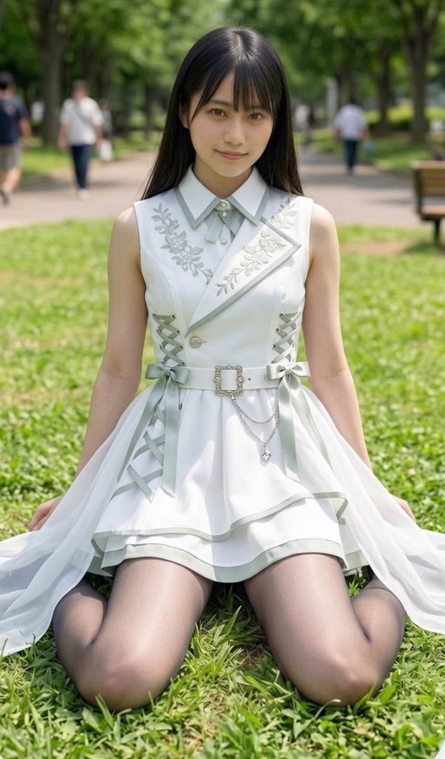 A young woman with long black hair and bangs, wearing a white and green dress, kneels on green grass in a park.