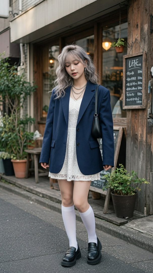 A stylish woman with silver wavy hair, wearing a navy blazer over a white lace dress, white knee-high socks, and black loafers, stands on a street in front of a cafe.