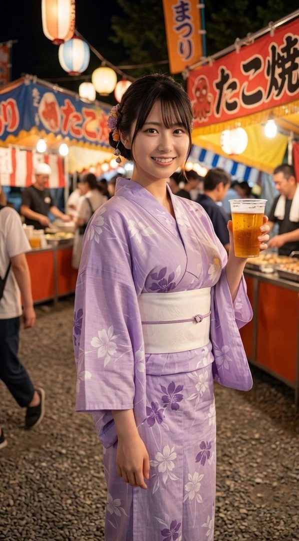 A young woman in a purple yukata with floral patterns smiles while holding a drink at a lively night market.