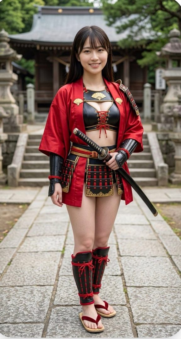 A smiling woman in a red and black samurai-inspired outfit with a katana stands in front of a traditional Japanese temple.