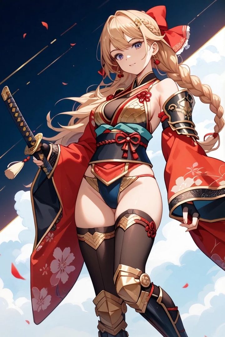 An anime-style illustration of a blonde woman in a revealing samurai-inspired outfit holding a katana.