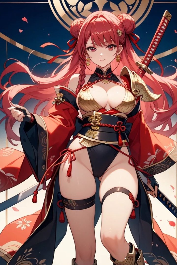 An anime-style woman with long red hair and a revealing kimono-inspired outfit holds a katana.