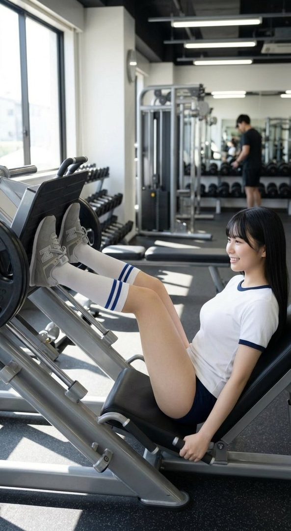 A young woman with black hair is smiling while exercising on a leg press machine in a gym.