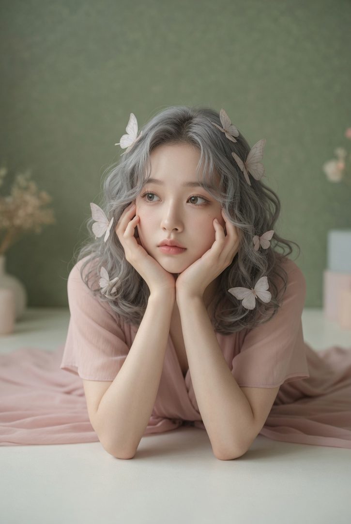 A young woman with silver wavy hair and butterflies in her hair, wearing a pink dress, lying down with her chin resting on her hands, looking thoughtfully to the side in a soft-lit studio setting.