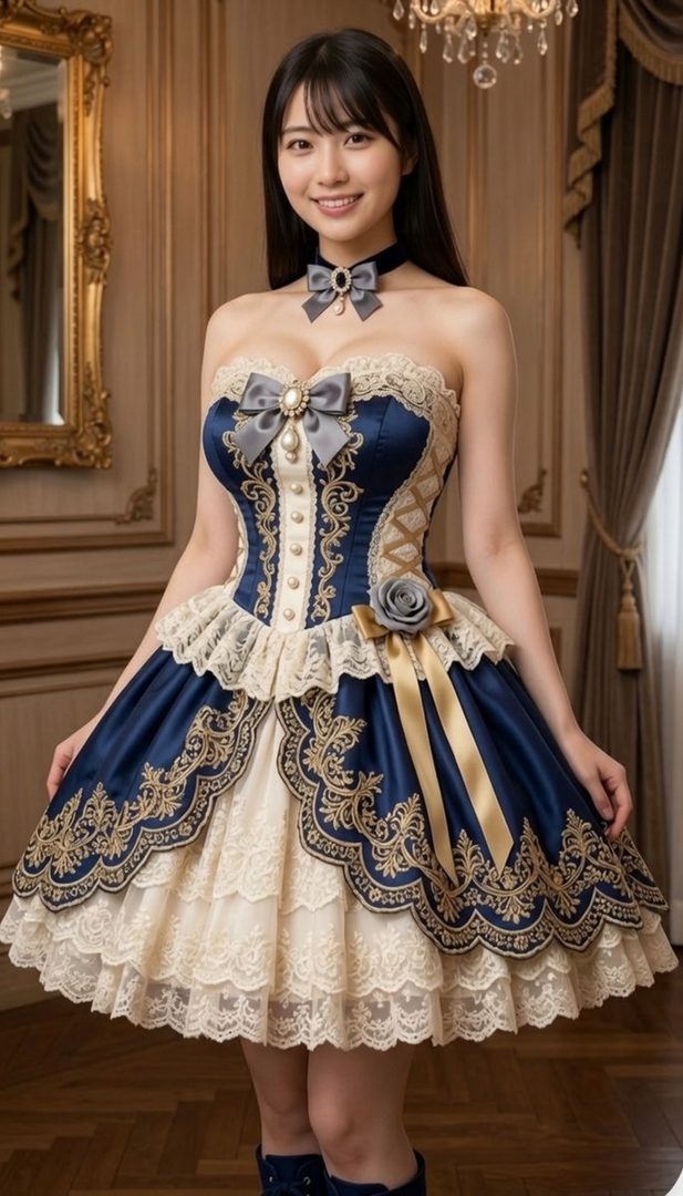 A smiling woman with long black hair and bangs wears an elaborate blue and gold rococo-style dress indoors.