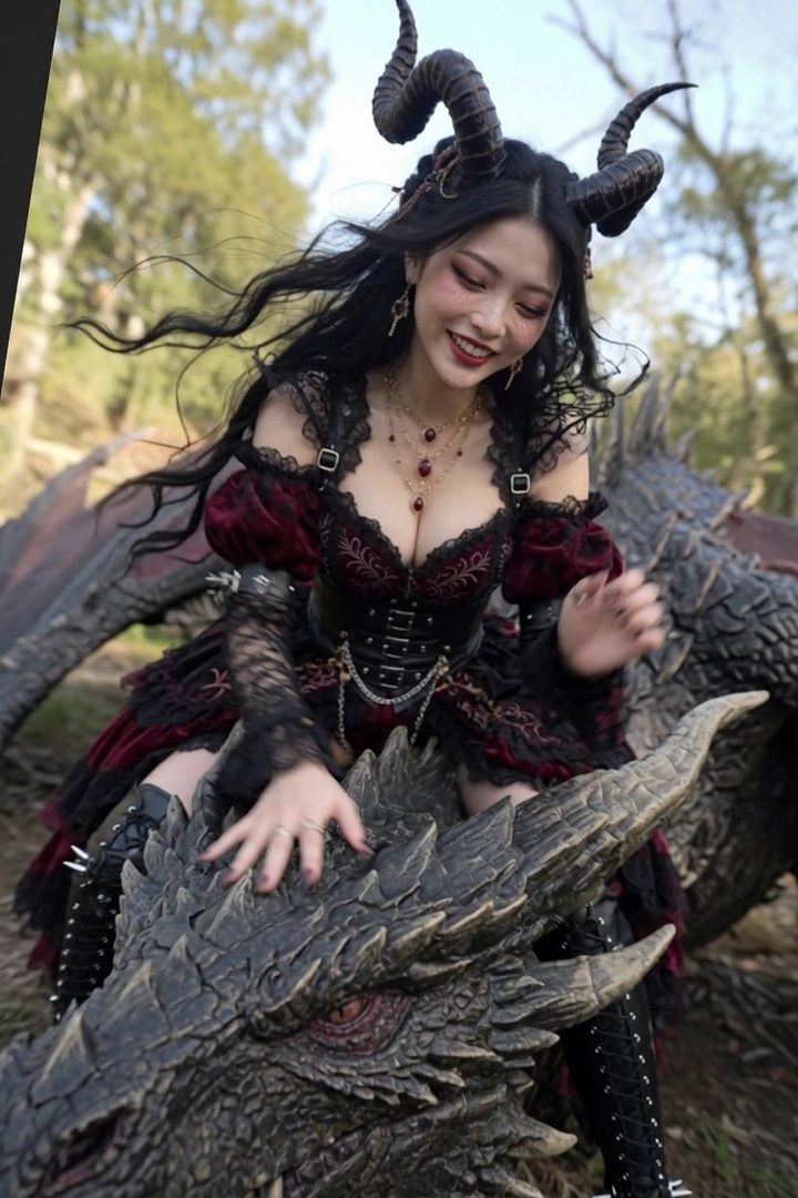 A woman with long black hair and horns, wearing a gothic red and black dress, smiles while sitting on a dragon statue in a forest.