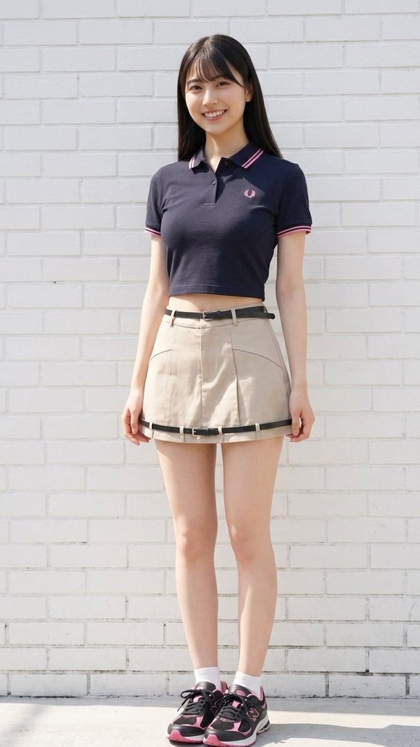 A smiling young woman with long black hair stands outdoors in a casual polo shirt and skirt against a white brick wall.