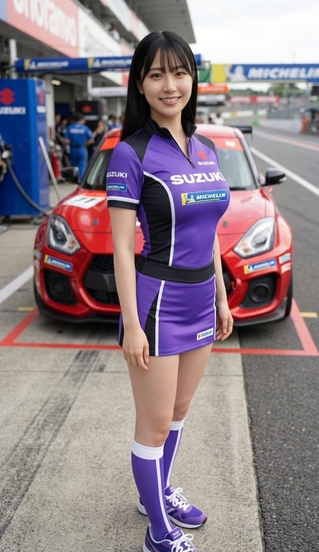 A smiling woman with long black hair wears a purple and black racing uniform with a red car in the background at a racetrack.