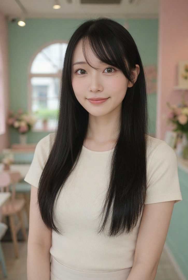 A young woman with long black hair and bangs smiles gently in a pastel-colored cafe, wearing a cream t-shirt.