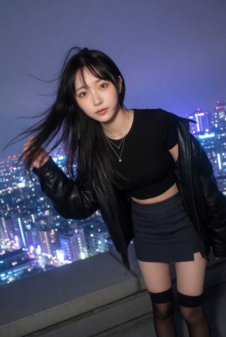 A young woman with long black hair and a black leather jacket poses on a rooftop overlooking a city at night.