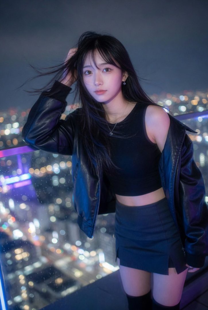 A young woman with long black hair and a leather jacket poses on a rooftop overlooking a city at night.