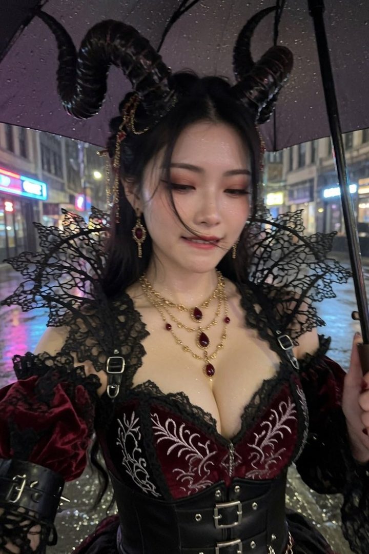 A woman dressed as a demon queen with horns and a gothic outfit stands on a rainy city street at night, holding an umbrella.