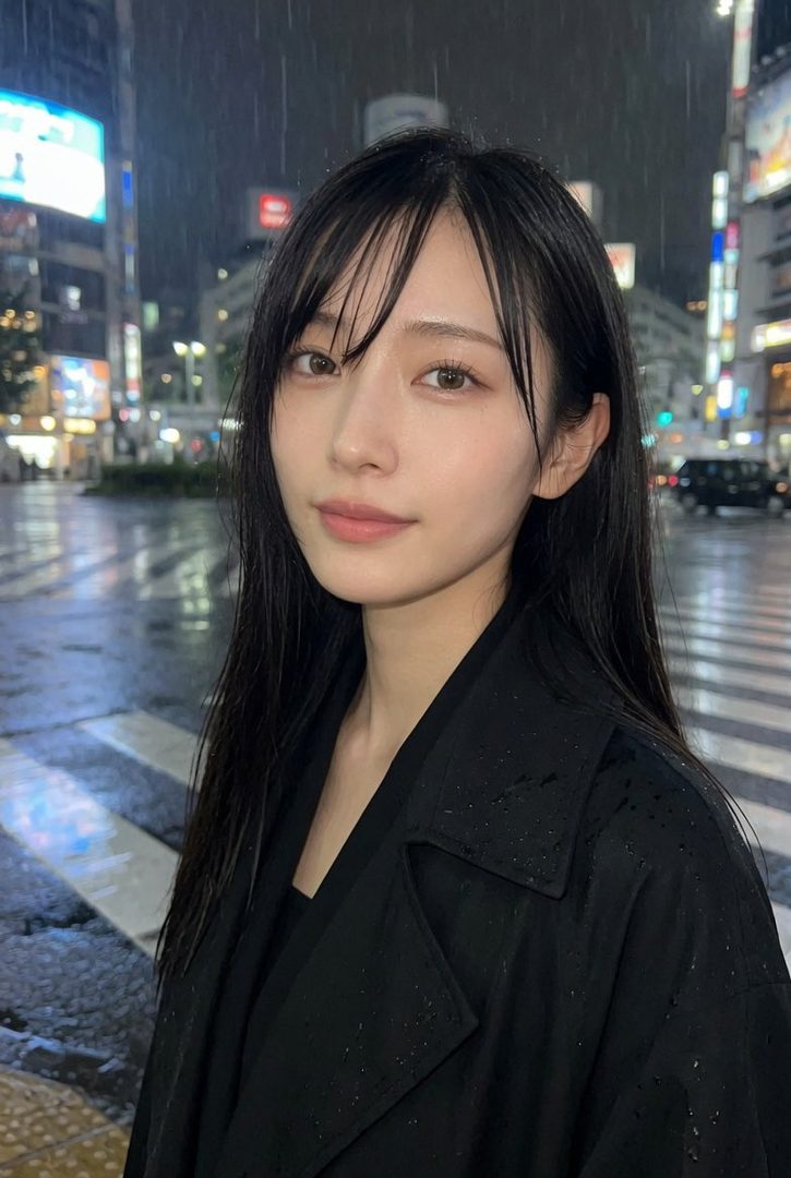 A young woman with long black hair and a black coat stands on a rainy city street at night, with blurred city lights in the background.