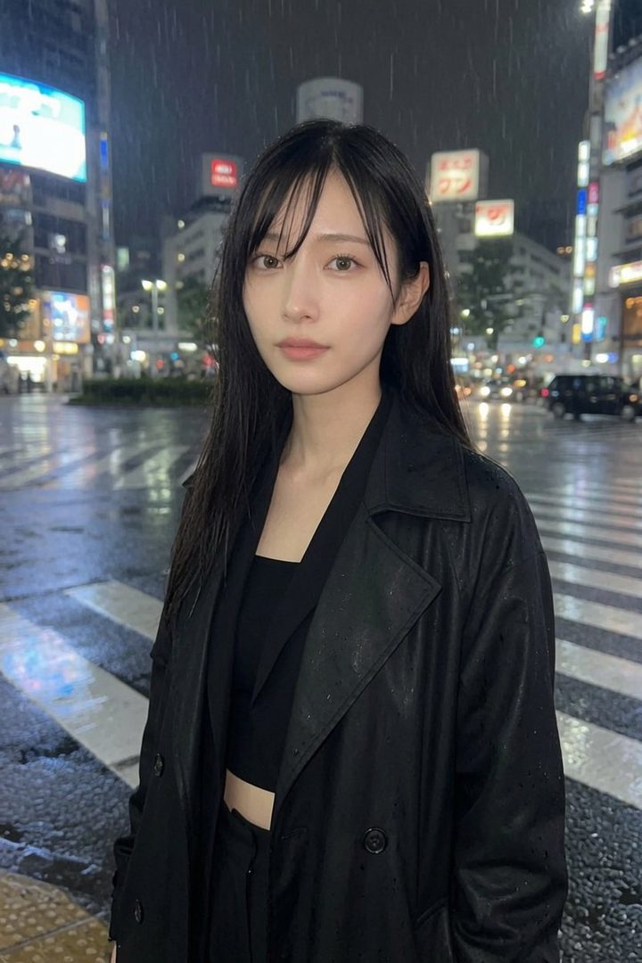 A young woman with long black hair and a black trench coat stands on a rainy city street at night, with blurred city lights in the background.