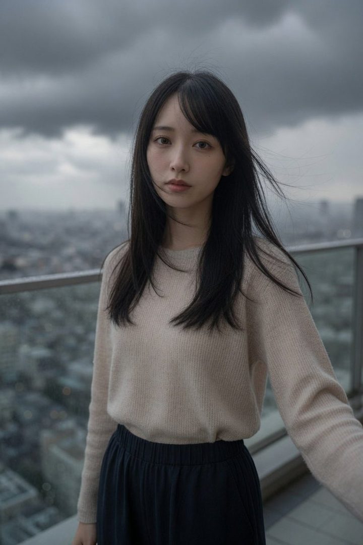 A young woman with long black hair and bangs wears a beige sweater and dark pants, standing on a rooftop with a city view under an overcast sky.