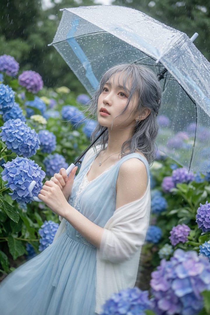 A young woman with blue-grey hair holds a clear umbrella in a rainy hydrangea garden, wearing a light blue dress and white shawl.